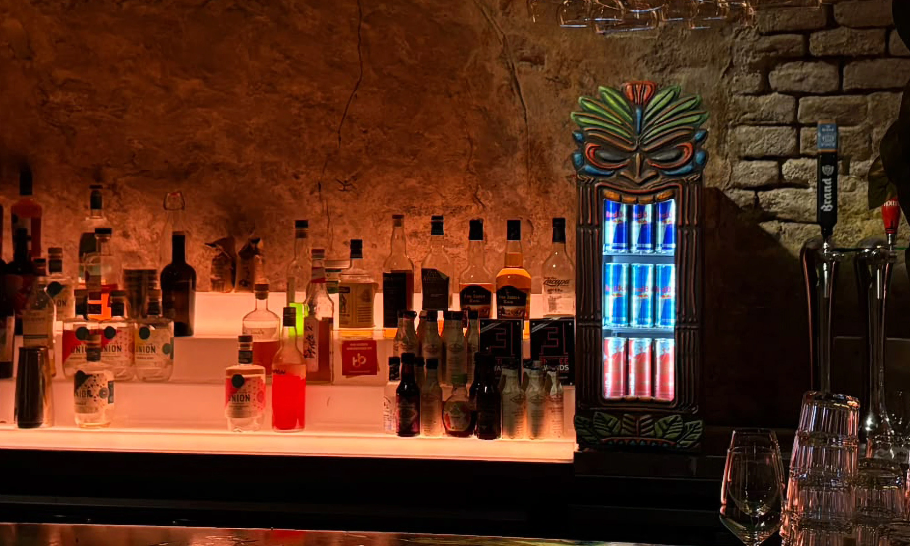 Tiki Mask and illuminated bar installation