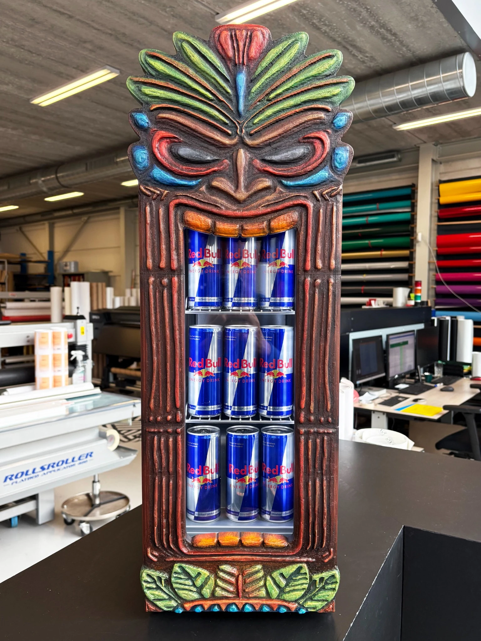 The complete Red Bull Tiki Mask cooler from crown to base