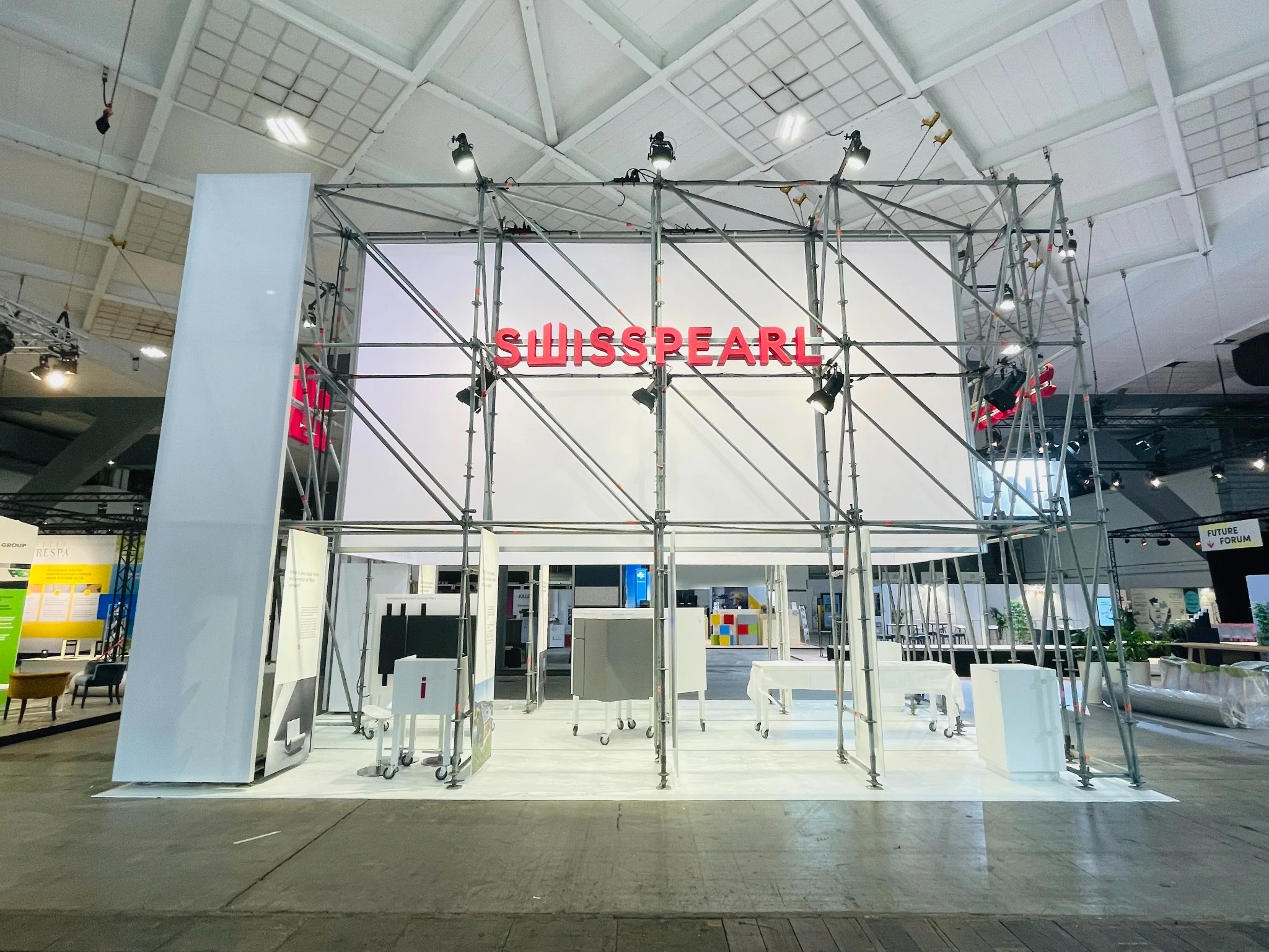 The complete Swisspearl Future Build stand with its full sign
