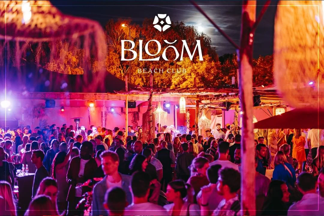 Guests celebrating under warm and colourful lighting at Bloom Beach Club